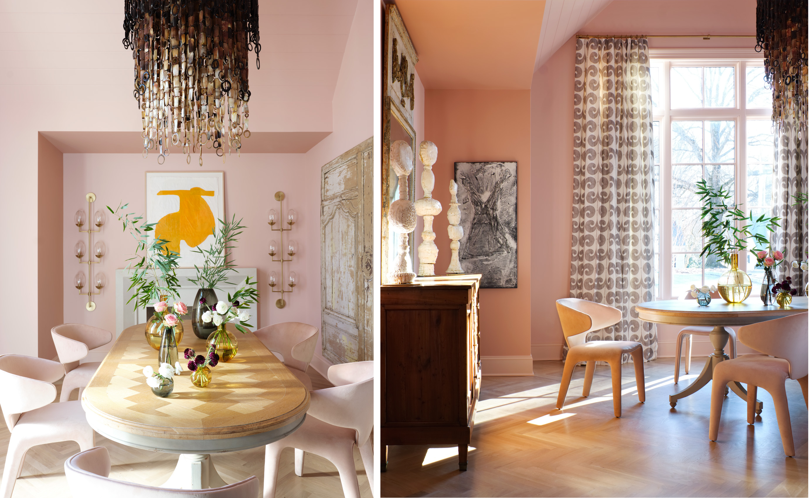 Janie Molster blush pink dining room featured in House Beautiful, photos by Mali Azima.