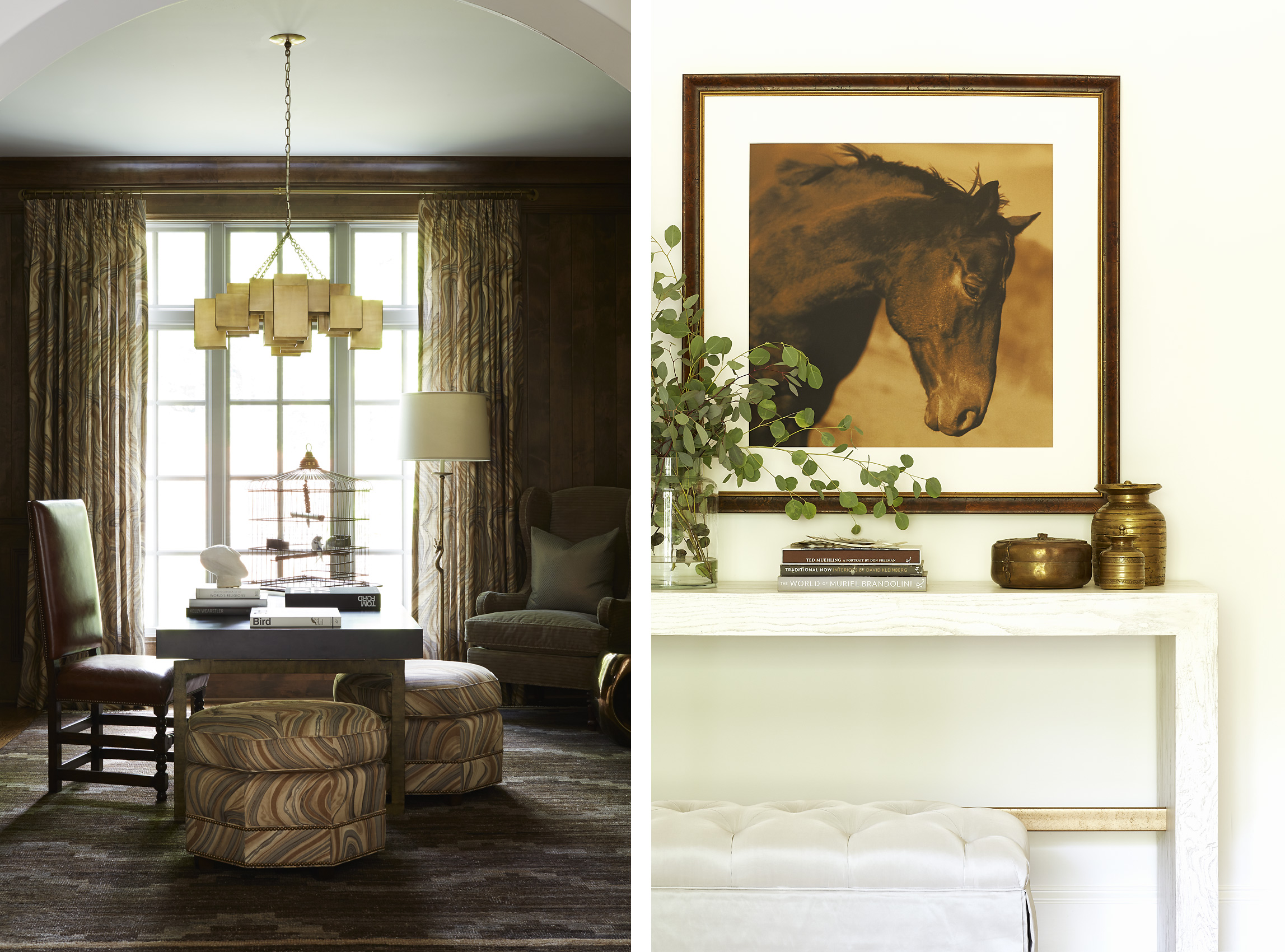 Shayelyn Woodbery Interiors dark library and horse with console, Mali Azima photography.